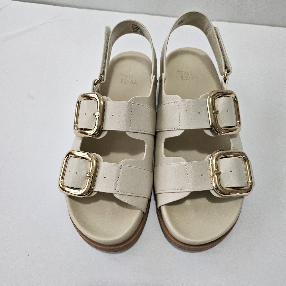 Time and Tru Cream Sandal with Gold Buckles
